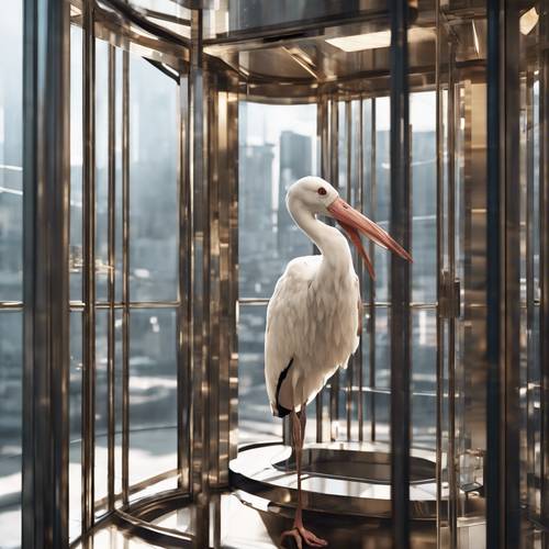 A hyper-realistic 3D rendering of a stork, enclosed within a modern glass elevator.