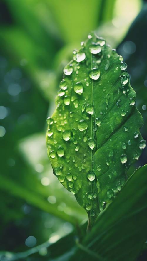A lush, green tropical leaf with dew drops glittering on its surface.