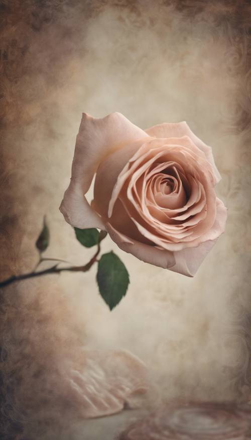 Delikatna, antyczna róża trzymana w kobiecej dłoni, na tle vintage-zwoju.