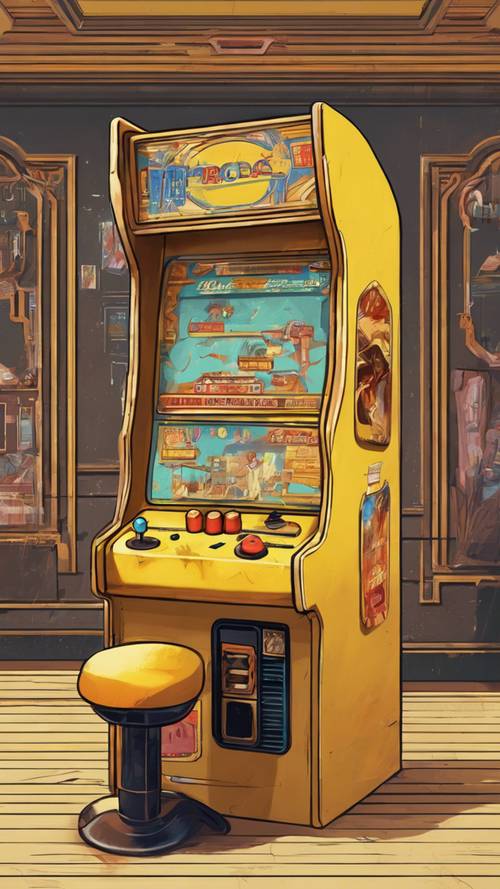 Retro tarzı bir oyun odasında klasik sarı bir arcade oyunu.
