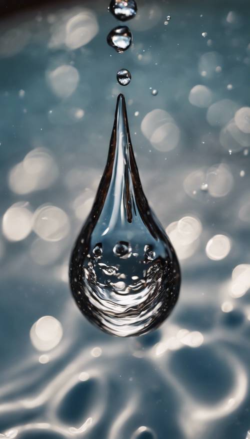 لقطة مقربة لقطرة ماء داكنة تسقط في بركة، مما يؤدي إلى خلق تموجات معقدة.
