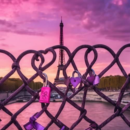 Eiffelturm in der Abenddämmerung, mit rosa und violetten Streifen am Himmel und einem Liebesschloss-Zaun im Vordergrund