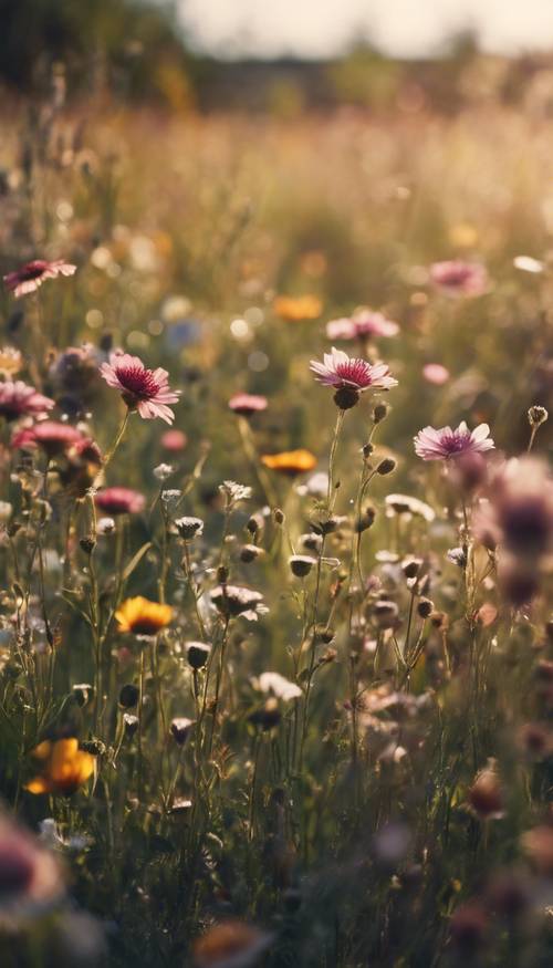 A sunlit, summer meadow filled with various flowers in bloom.
