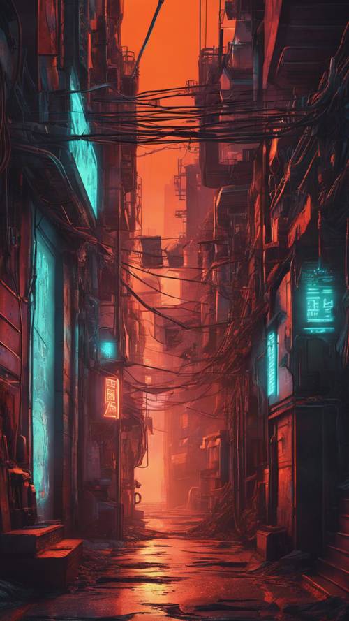 Un callejón lúgubre de una ciudad ciberpunk, iluminado por luces de color naranja ardiente.