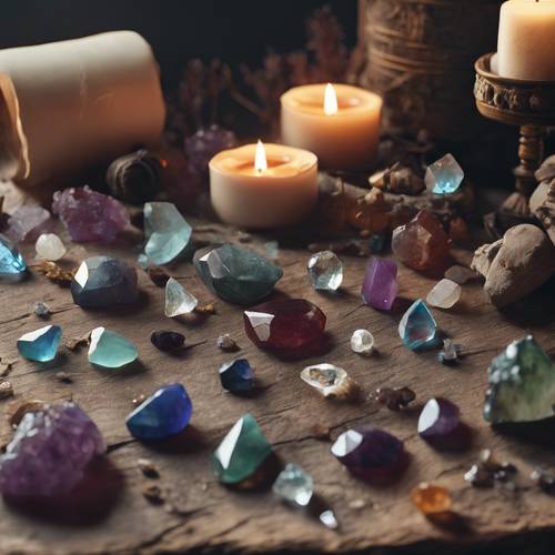 Деревенский стол, украшенный различными кристаллами и драгоценными камнями, готовый к современному колдовскому ритуалу.