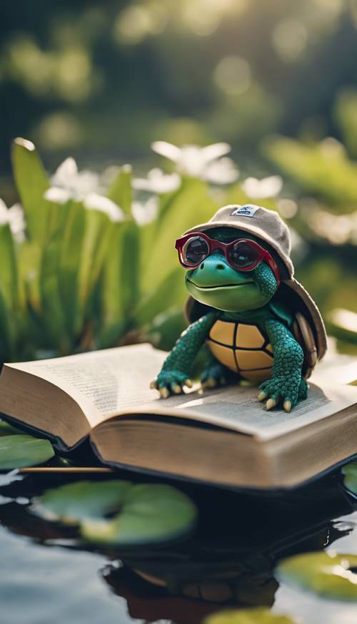 一隻穿著迷你橄欖球襯衫、戴著馬球帽、戴著學院風眼鏡的小海龜正在池塘裡看書。