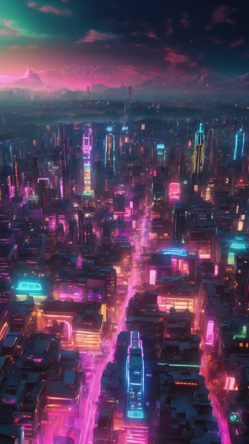 Une ville futuriste éclairée par des néons multicolores sur le ciel nocturne.