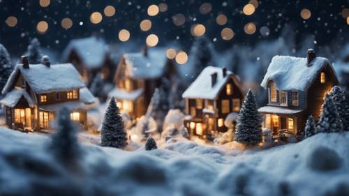 A soothing collage of miniature landscapes, each depicting a different snowy scene under the night sky.