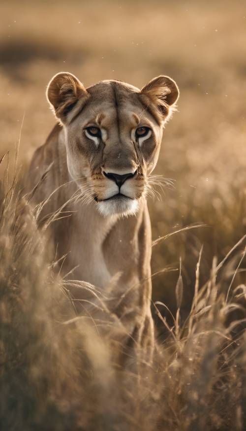 Uzun otlarla kaplı bir alanda ceylan avlayan bir dişi aslan.