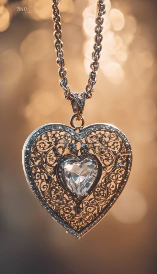 A heart-shaped pendant necklace with intricate designs, glittering in the soft warm light.