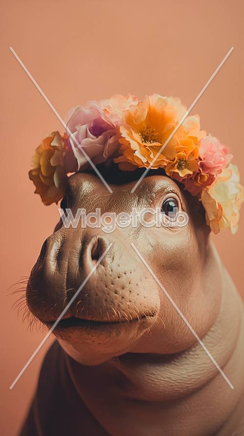 Hipopótamo com coroa floral em fundo pêssego