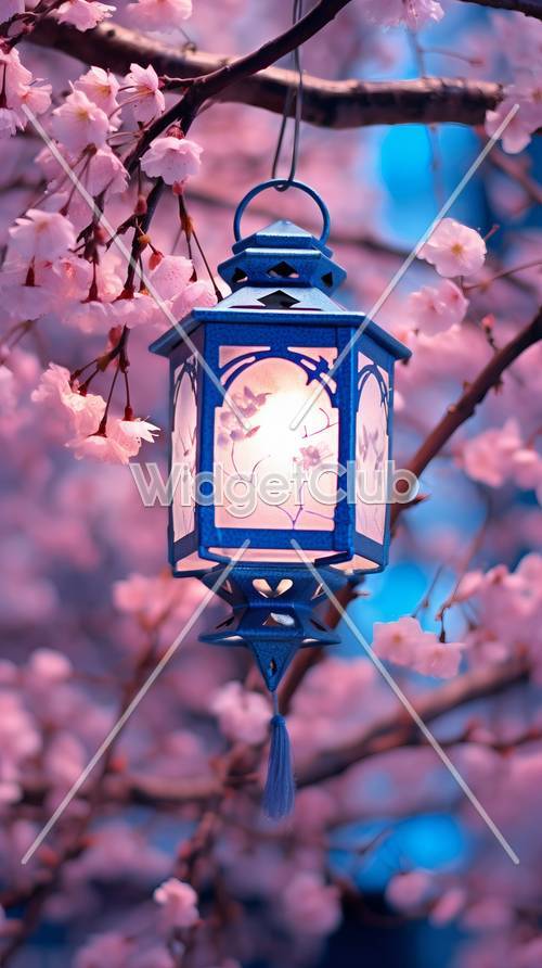 Niebieska latarnia wśród kwiatów wiśni