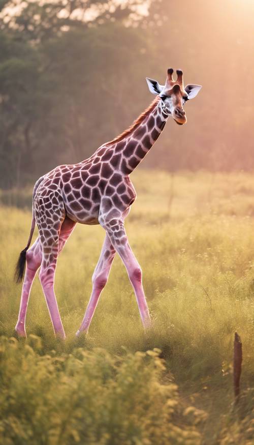 Uma girafa rosa bebê empinando alegremente em um prado exuberante ao nascer do sol.