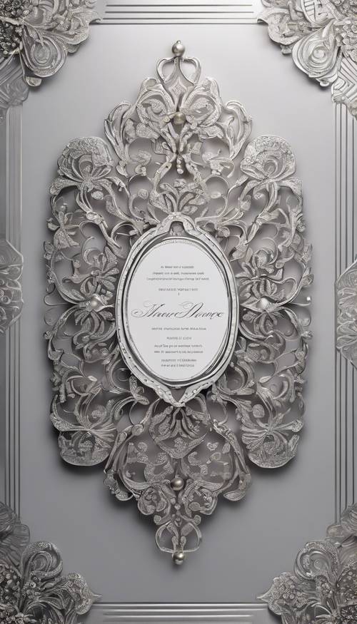 Una invitación de boda diseñada con intrincados adornos de damasco plateado.