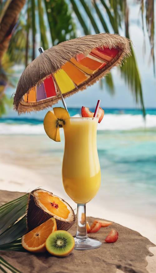 A refreshing tropical drink served in a half sliced coconut garnished with colorful fruits and an umbrella.