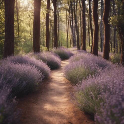 An enchanting forest path lined with tan lavender flowers.