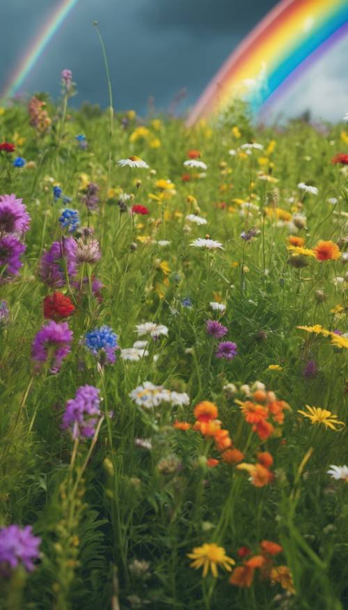 Um prado verdejante repleto de uma variedade de flores silvestres coloridas sob um arco-íris.