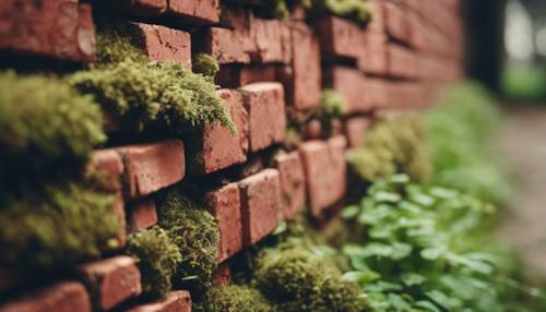 Close-up of vintage red bricks stacked together with moss growing between them.