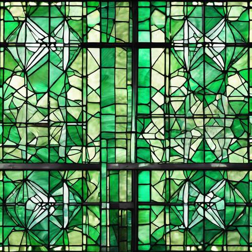 An emerald green stained glass window featuring iconic geometric patterns.