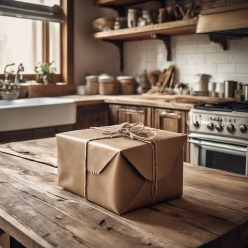 质朴的农舍厨房，台面上摆放着棕色纸包裹。