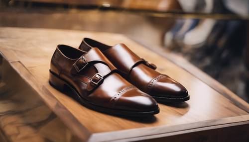 A pair of freshly polished monk strap shoes sitting on the wooden display of a fancy boutique.