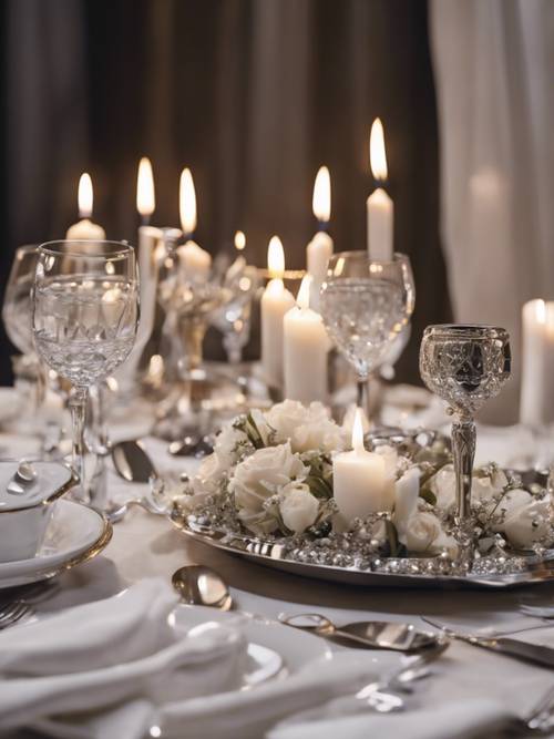 A dining table elegantly set with white candles and silver cutlery for a celebration dinner.