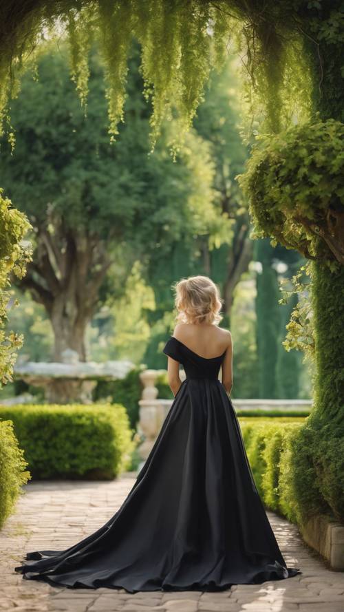 Un elegante vestido negro sobre un fondo de extensos jardines verdes.