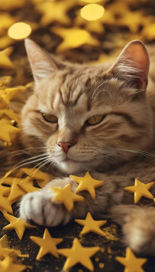 猫が黄色い星々の中で眠る幻想的な壁紙 - 小さな子どもでも楽しめる宇宙のイメージ 壁紙 [69b4abc89fc645beb14f]