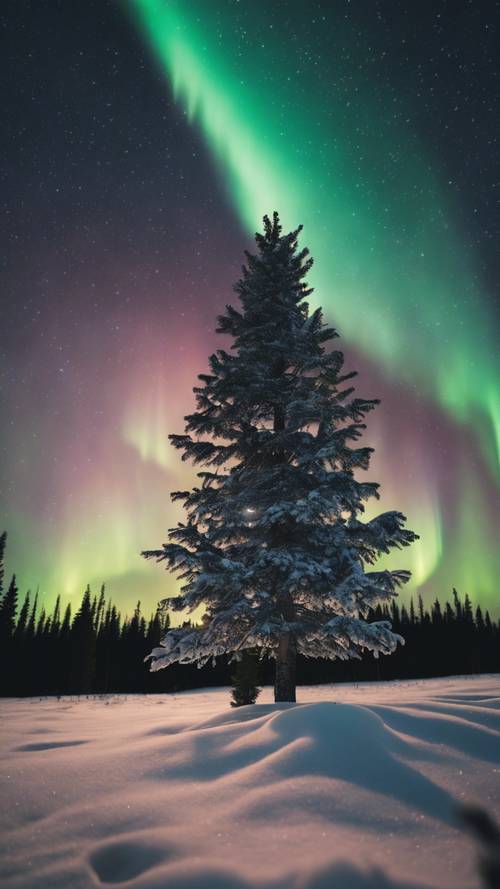 近距離觀察一棵白雪覆蓋的雲杉樹，背景是閃閃發光的北極光