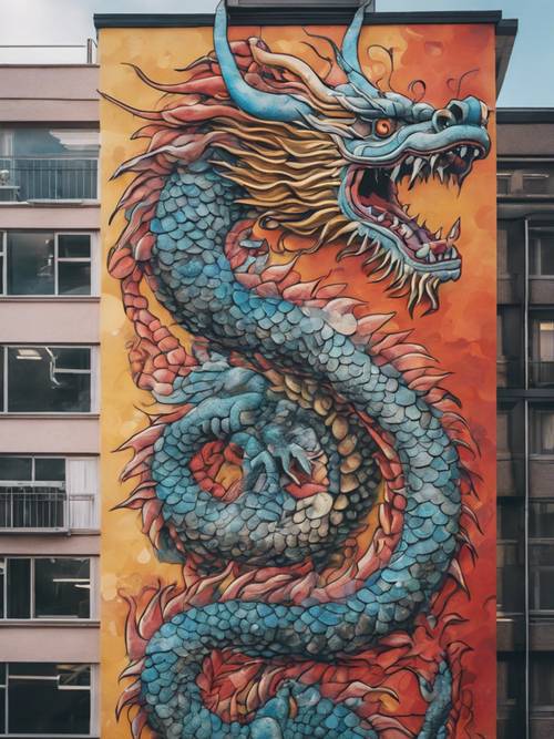 A colorful mural of a Japanese dragon on a city building.