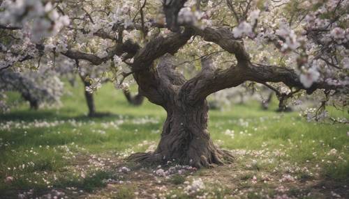 Uma velha macieira retorcida, com flores começando a desabrochar, em um pomar isolado e coberto de vegetação.