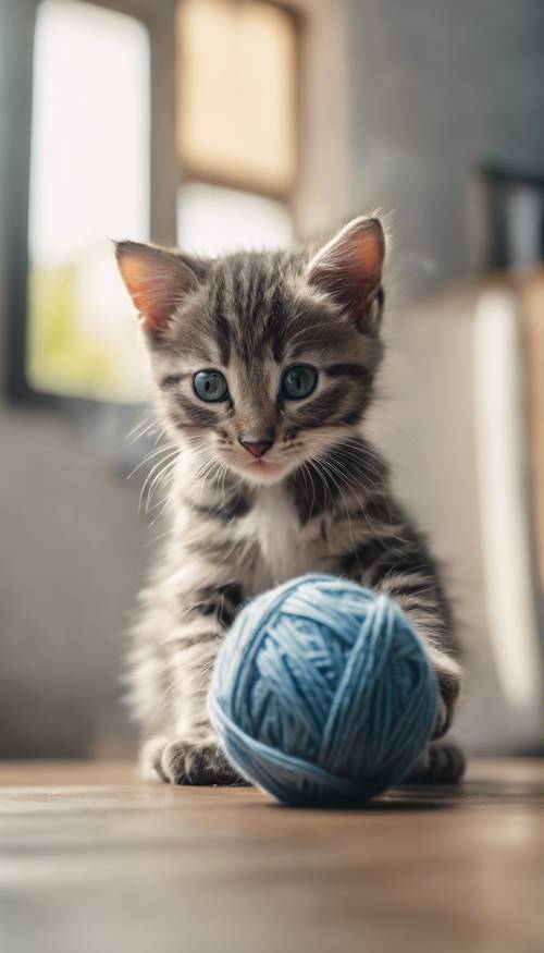 Un curioso gatito a rayas grises jugando con un ovillo de lana en una habitación iluminada por el sol.