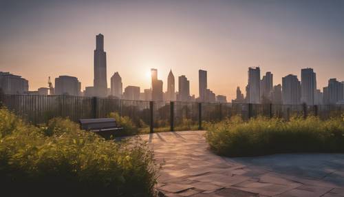 An urban park at dawn, with a view of the cityscape silhouette in the background. Tapeta [d5ba6b222c16465c9a7e]