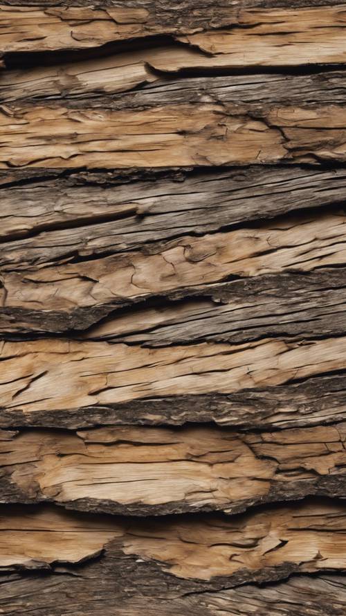 Pemandangan dari dekat kayu yang lapuk, tua, retak, menunjukkan pola alaminya.