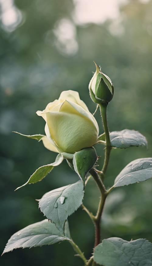 ניצן ורד ירוק-מרווה טרי פרח על רקע עלים.