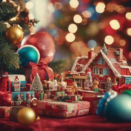 Um clássico anúncio de brinquedos de Natal dos anos 1960, cheio de cor e alegria natalina.