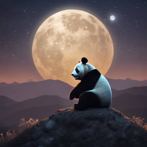 Pemandangan malam hari yang halus menampilkan siluet seekor panda yang sedang duduk di atas bukit, bermandikan cahaya bulan purnama.