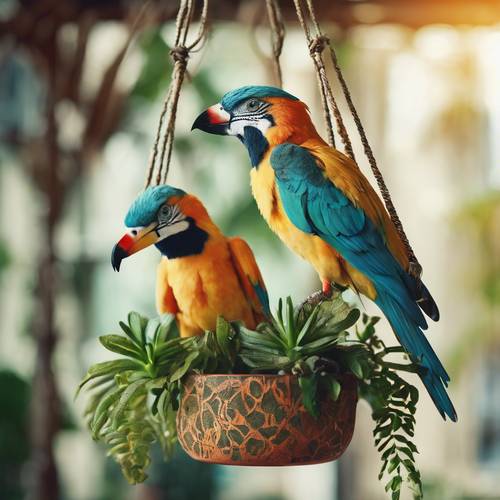 熱帶鳥類的數位藝術作品棲息在波西米亞風格的懸掛花盆上。