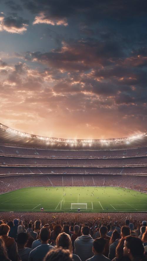 Um estádio de futebol vibrante cheio de torcedores sob um céu crepuscular