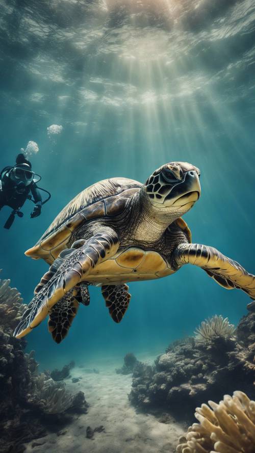 Uma tartaruga marinha gigante e envelhecida rodeada por um curioso grupo de mergulhadores, uma reminiscência da sabedoria e longevidade milenares.