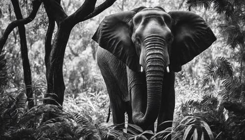 A high contrast black and white portrait of an elephant in its natural jungle habitat.