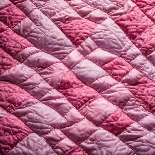 Un collage de patrones acolchados de color rosa sobre una manta de patchwork hecha en casa, que exhibe artesanía y calidez.