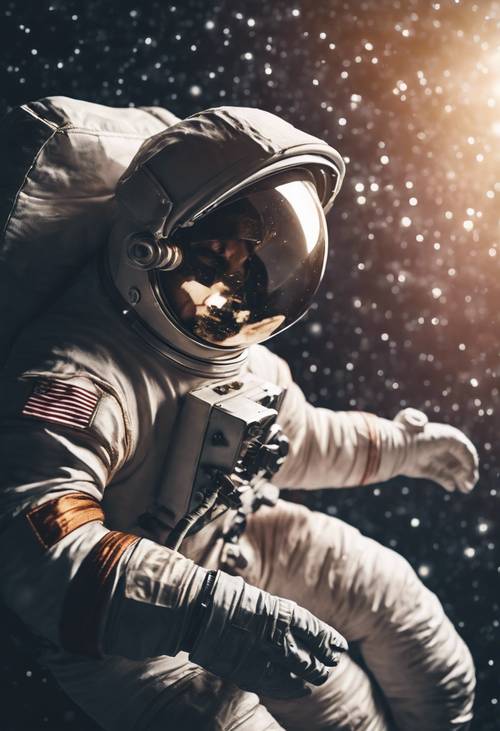 우주에 떠 있는 우주비행사의 복고풍 영감을 받은 질감 있는 초상화입니다.