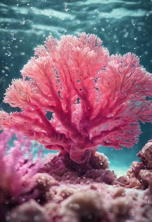 Un gros plan détaillé d&#39;un corail rose sous une eau cristalline de l&#39;océan, réalisant un bel effet d&#39;ombre rose vif.