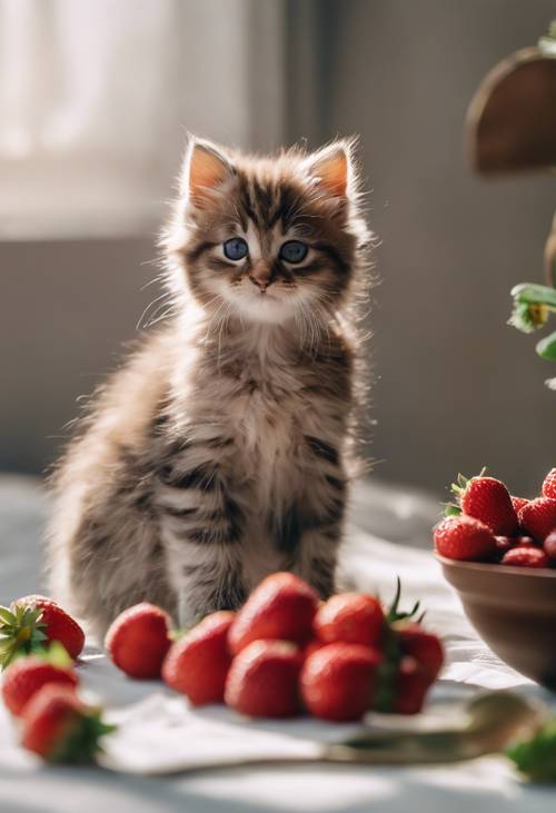 一只毛茸茸的小猫在一碗草莓旁边玩耍。