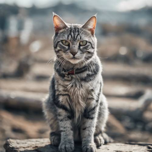 Seekor kucing kucing berwarna perak, tampak compang-camping namun anggun dalam lanskap distopia pasca-apokaliptik.
