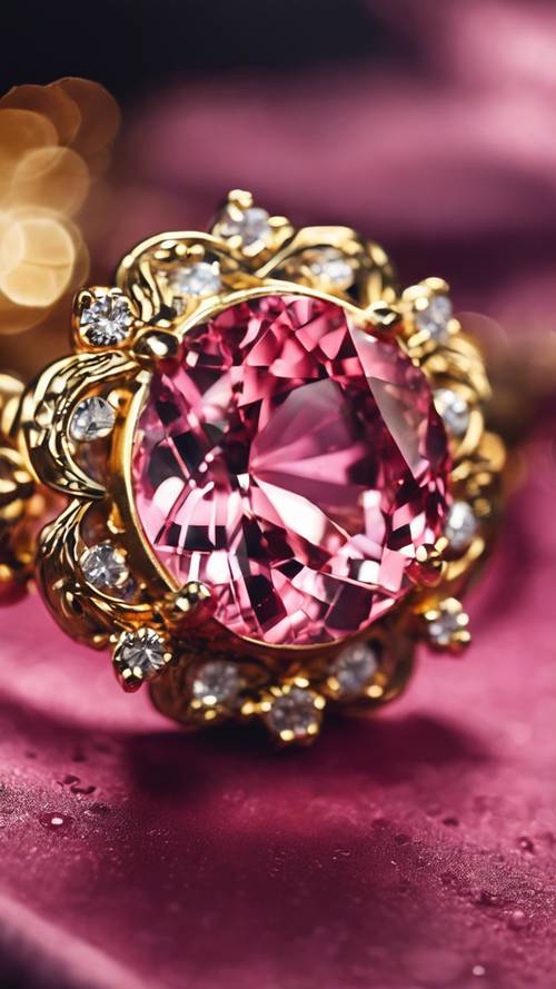 A closeup of a pink gemstone set in a golden jewelry setting.