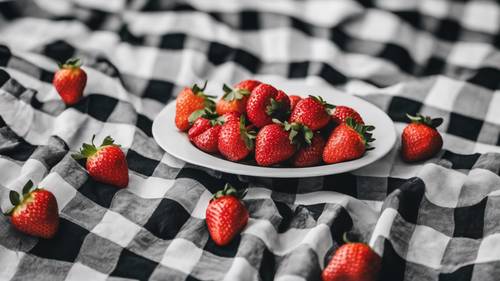 Un pique-nique printanier avec une nappe à carreaux noirs et blancs et des fraises fraîches.