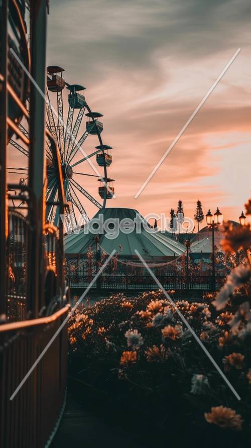 Pemandangan Matahari Terbenam dari Ferris Wheel di Fairgrounds