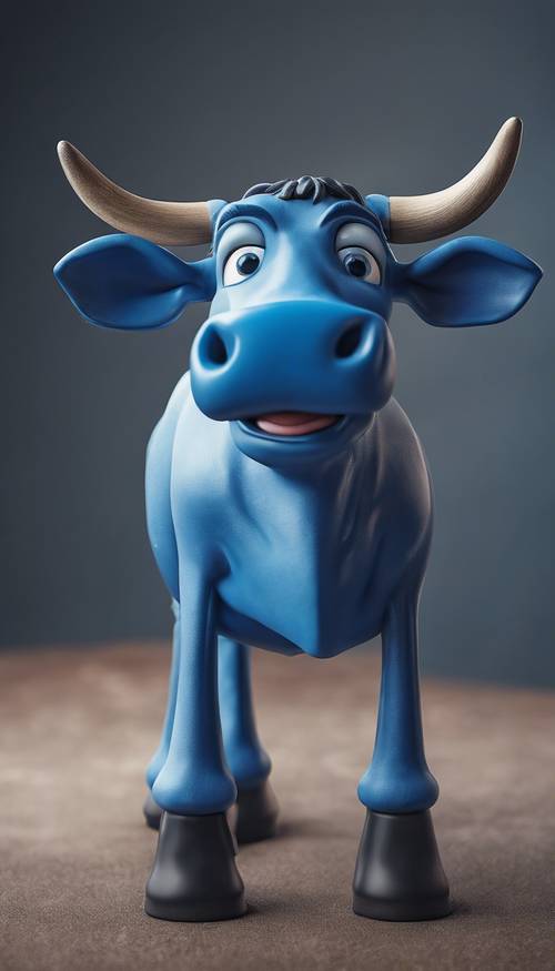 פרה כחולה חיה עם עיניים כהות גדולות המתוארות בסגנון מצויר על רקע רגיל.